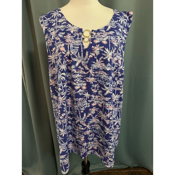 Coral Bay Tops - Coral Bay Navy Blue Tropical Print Sleeveless Top with Ring Detail Sz 3X